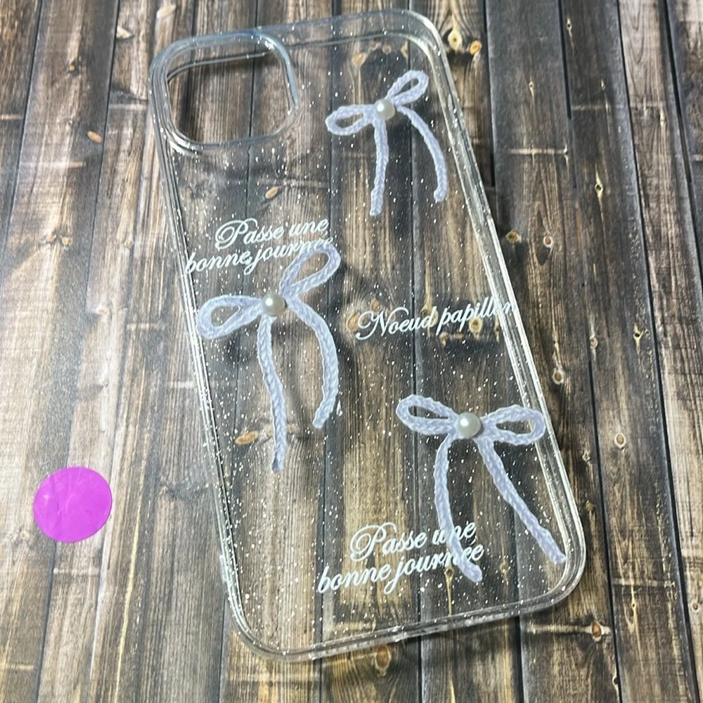 5for$10 Transparent Glitter Tie Ribbon Pearl Bow IPhone 15 Plus Phone Case